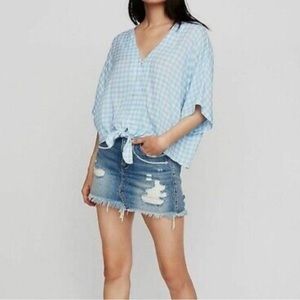 EXPRESS NWT Gingham Plaid Blue White Tie Front Shirt Size S